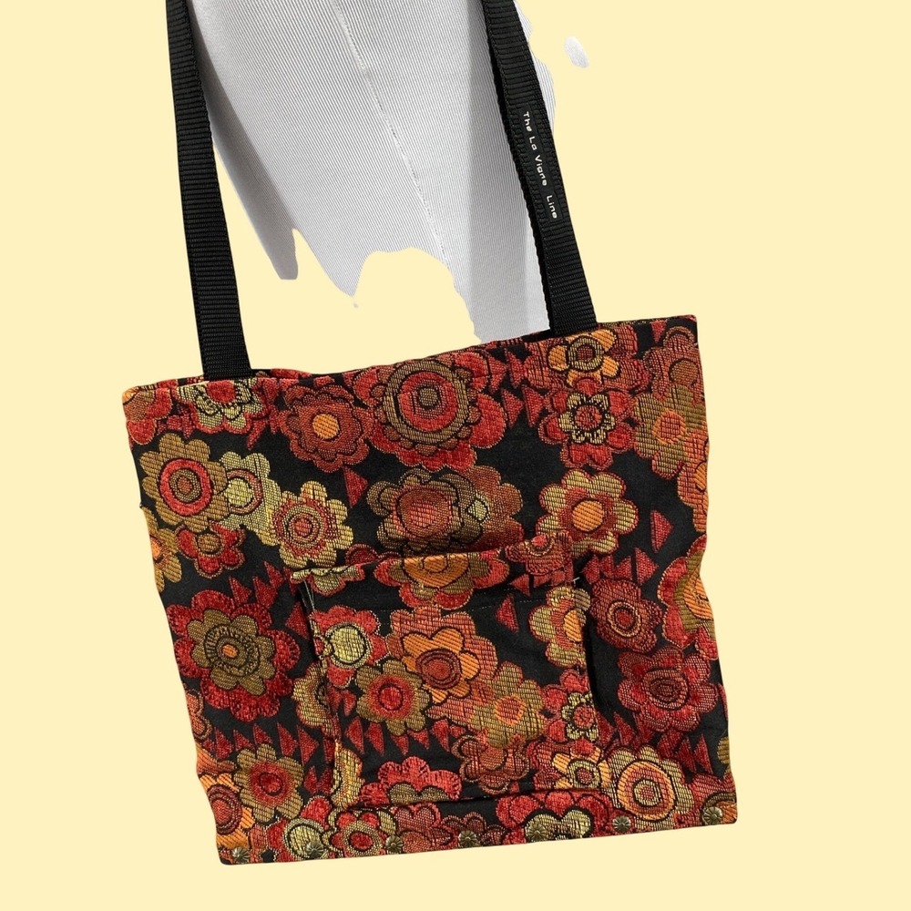 Vintage The La Vigne Line Floral Tapestry Tote Bag Wood Base Retro Boho Flower